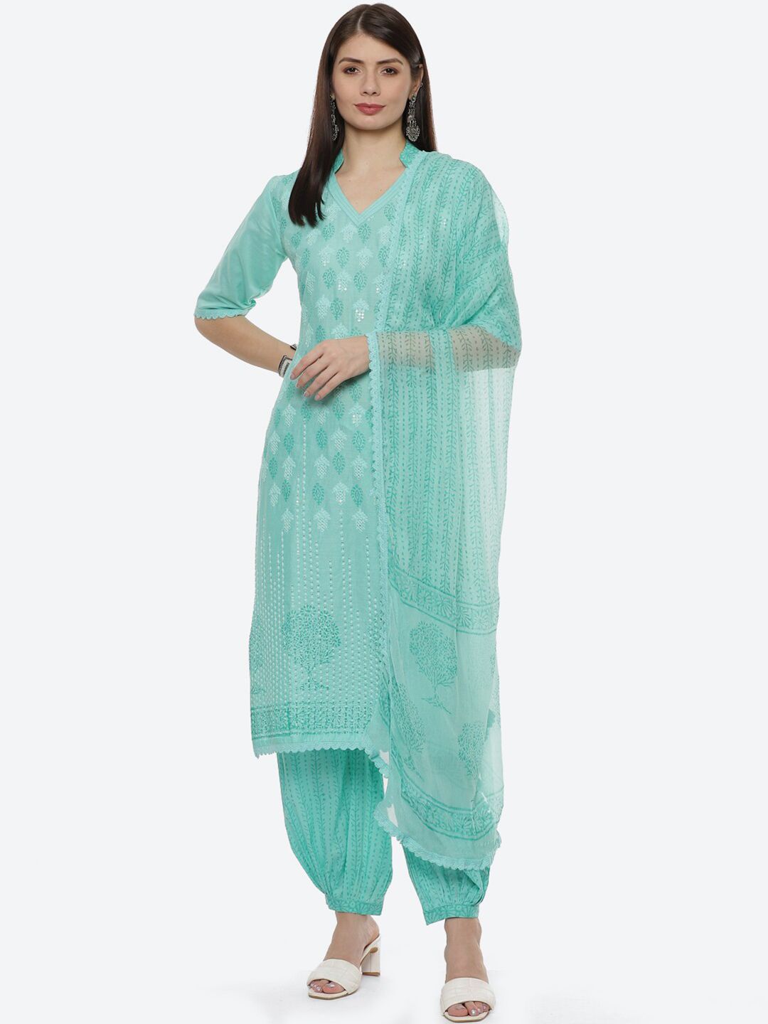 Biba Turquoise Blue & White Embroidered Unstitched Dress Material Price in India