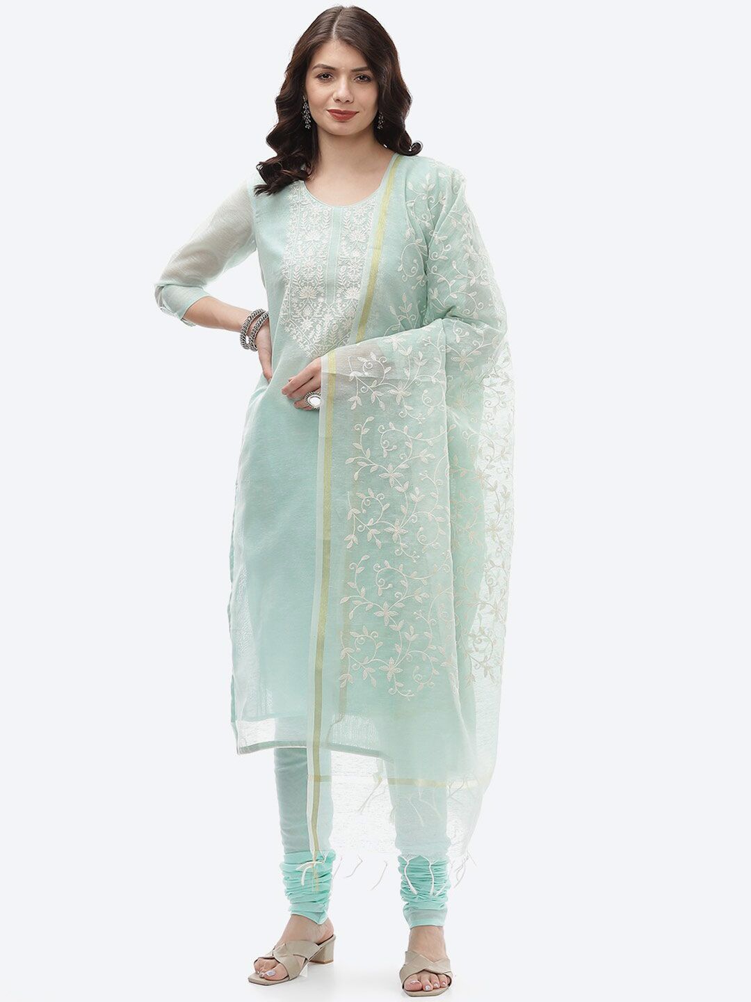 Biba Green & White Unstitched Dress Material Price in India