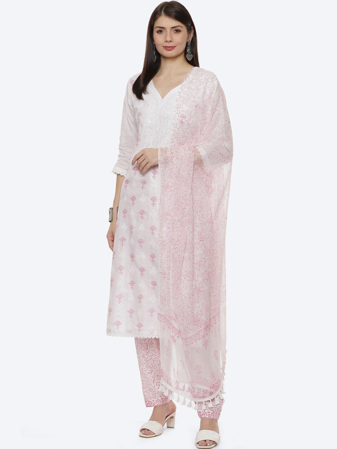 Biba Pink & White Embroidered Unstitched Dress Material Price in India