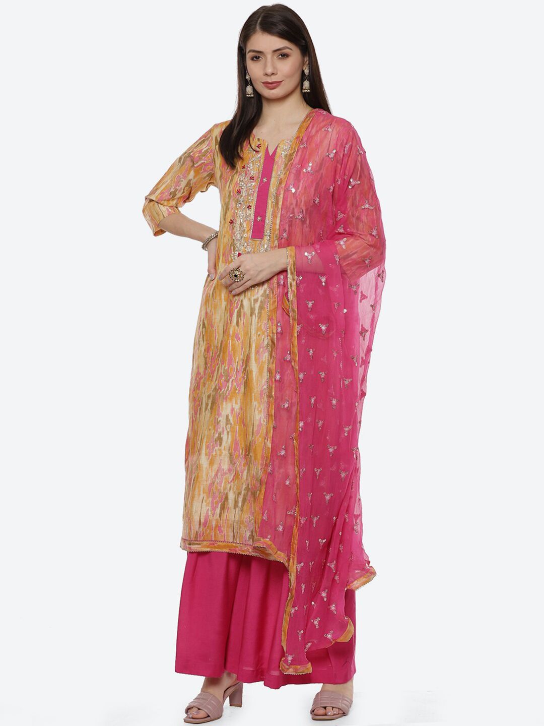 Biba Yellow & Pink Embellished Unstitched Dress Material Price in India