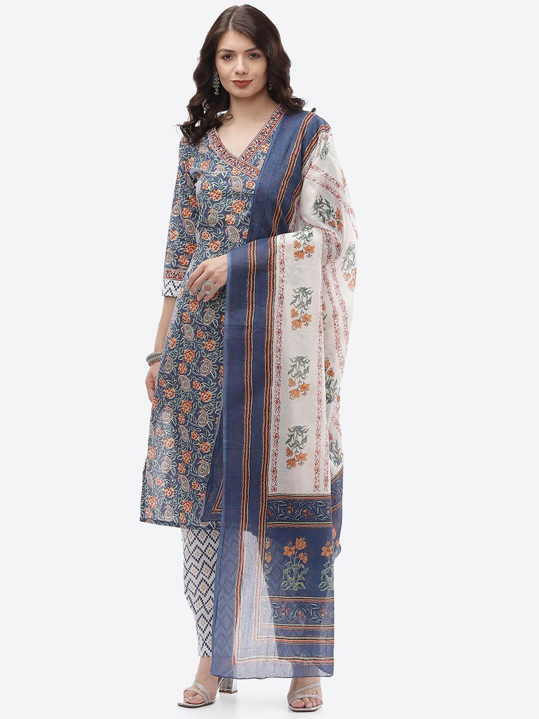Biba Blue & Mustard Printed Unstitched Dress Material Price in India