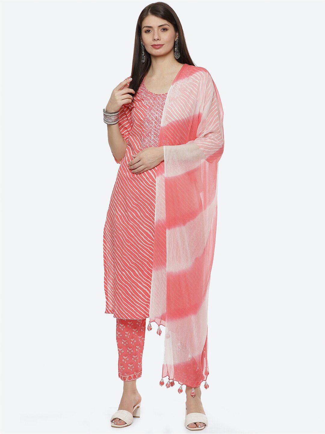 Biba Women Red & White Printed Unstitched Dress Material Price in India