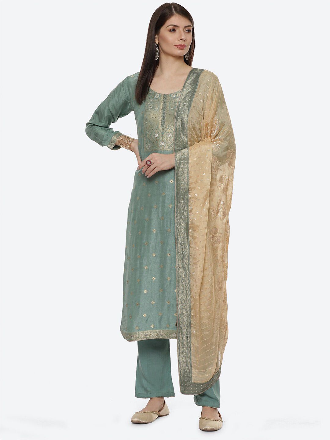 Biba Women Turquoise Blue & Beige Printed Unstitched Dress Material Price in India