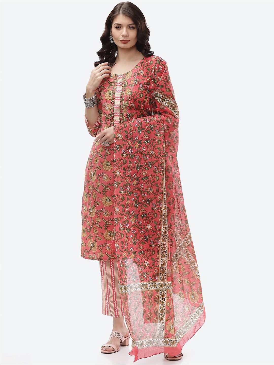 Biba Women Pink & Green Printed Unstitched Dress Material Price in India