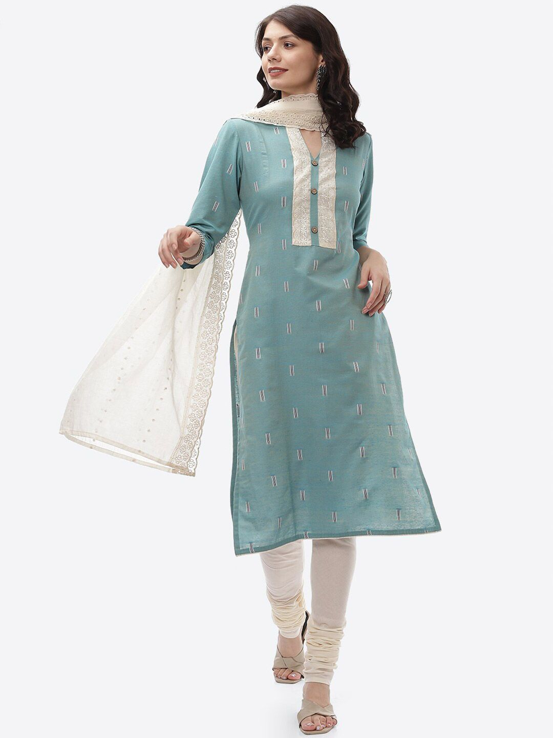 Biba Women Blue & White Printed Unstitched Dress Material Price in India