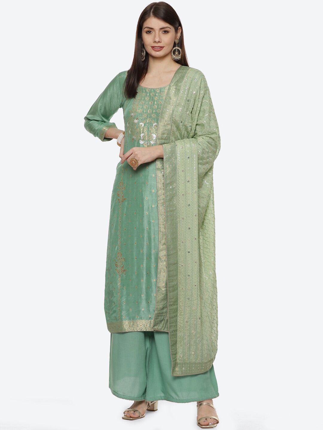 Biba Women Green & Gold-Toned Printed Unstitched Dress Material Price in India