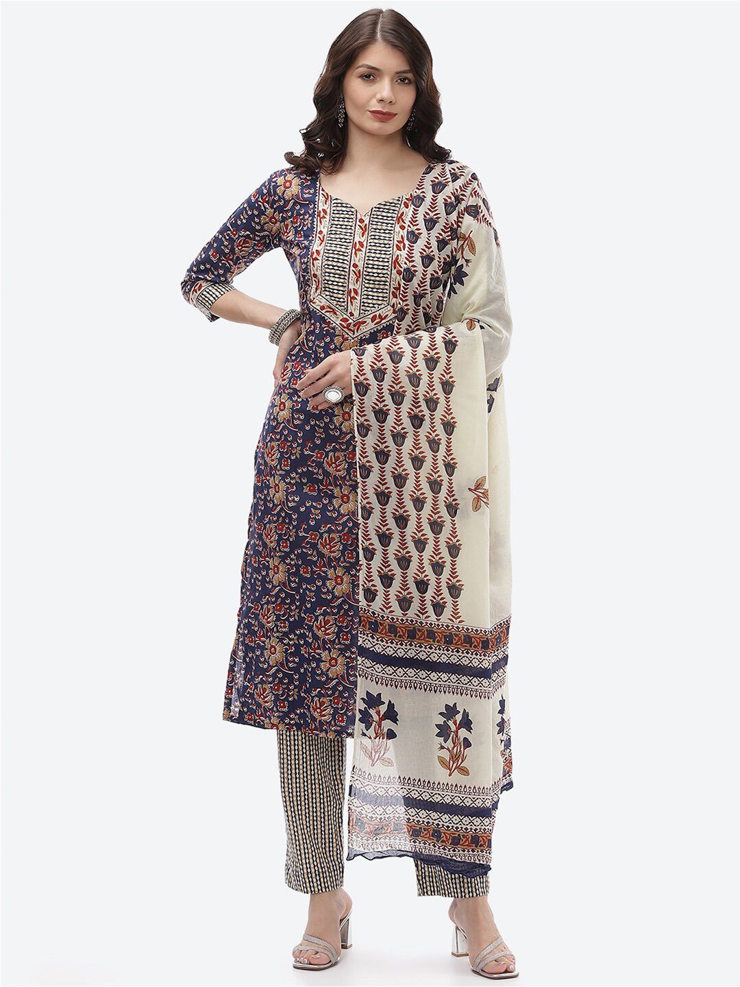 Biba Women Blue & Off White Printed Unstitched Dress Material Price in India
