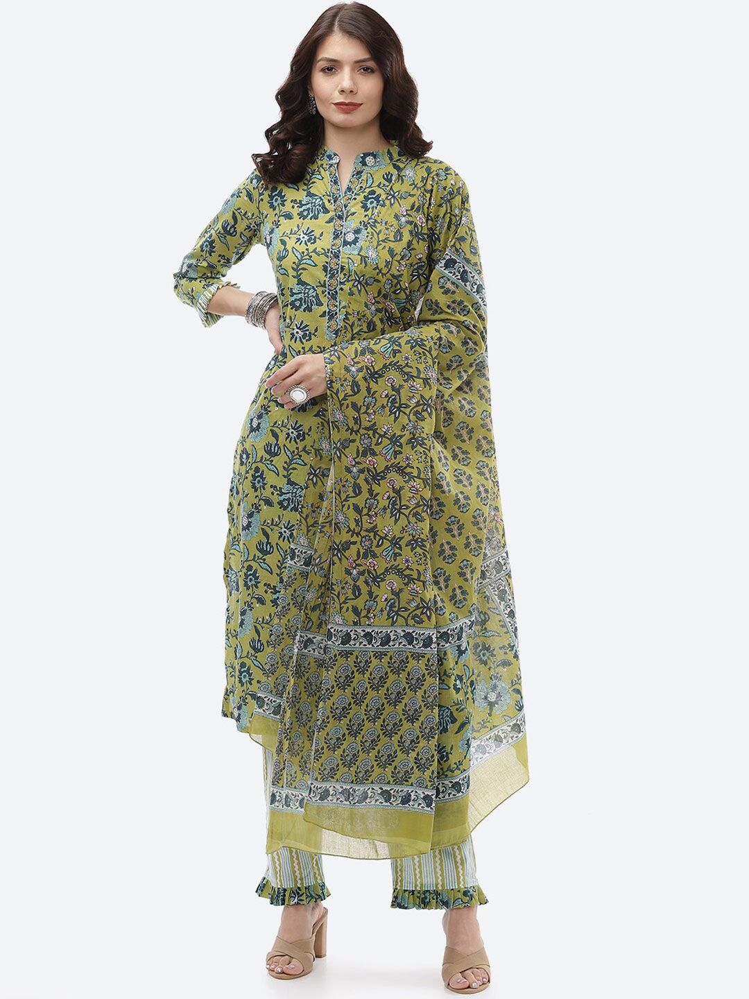 Biba Green & Pink Printed Unstitched Dress Material Price in India