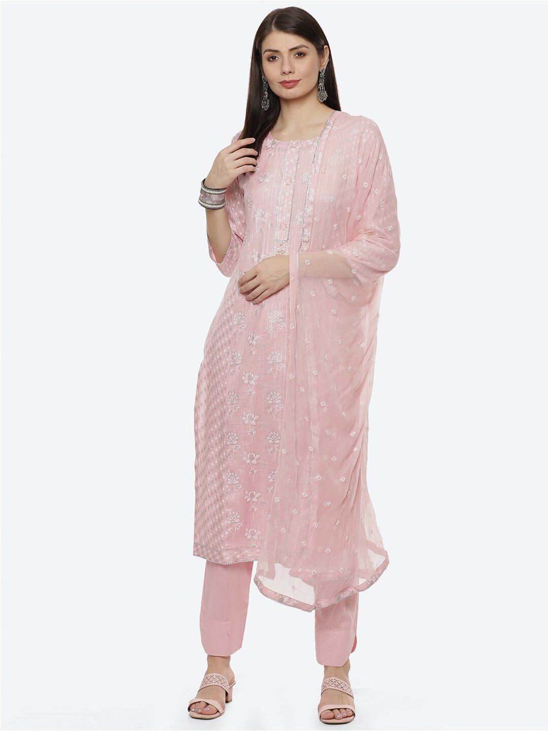 Biba Women Pink & White Printed Unstitched Dress Material Price in India