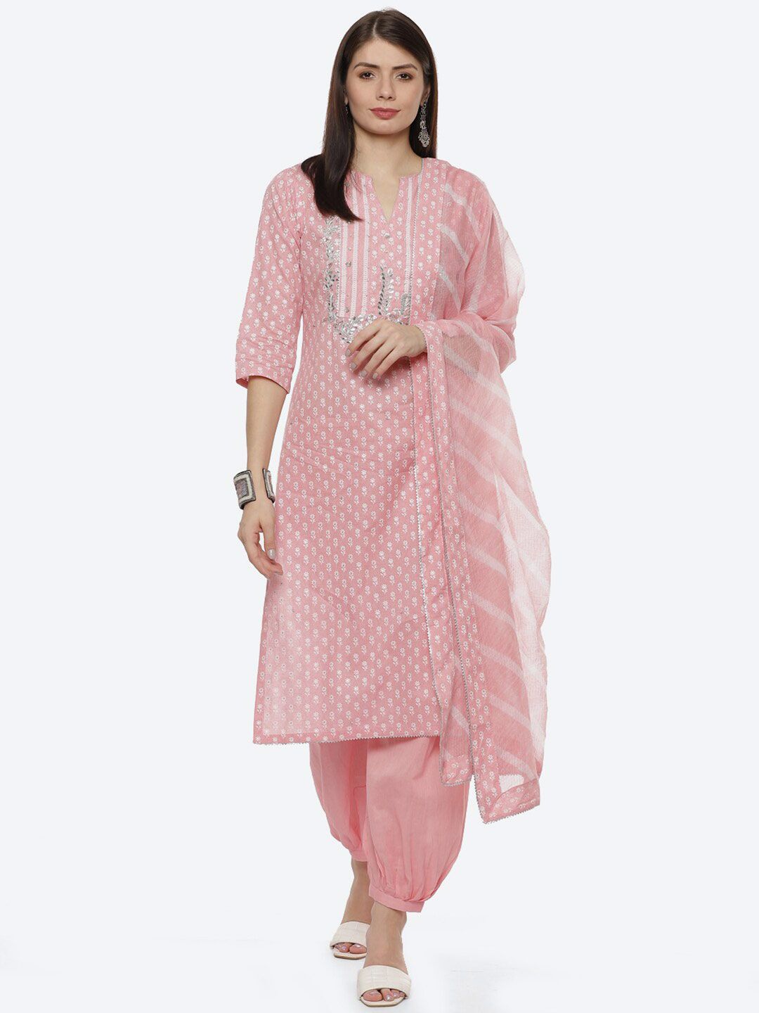 Biba Pink & White Unstitched Dress Material Price in India