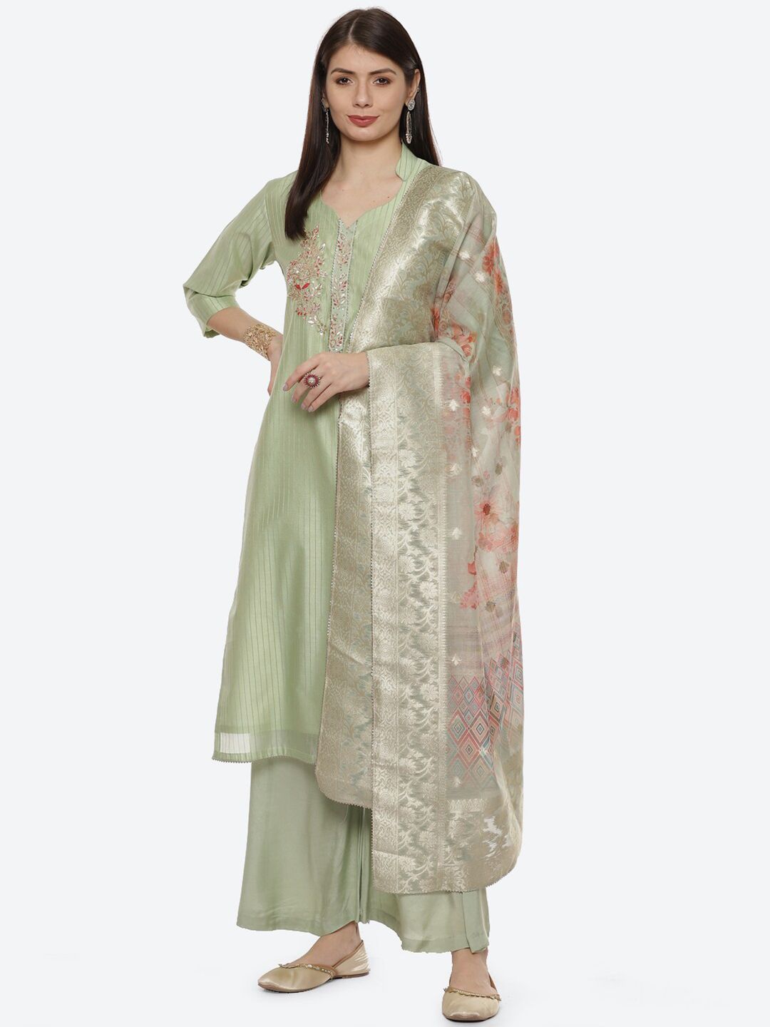 Biba Green & Pink Embroidered Unstitched Dress Material Price in India