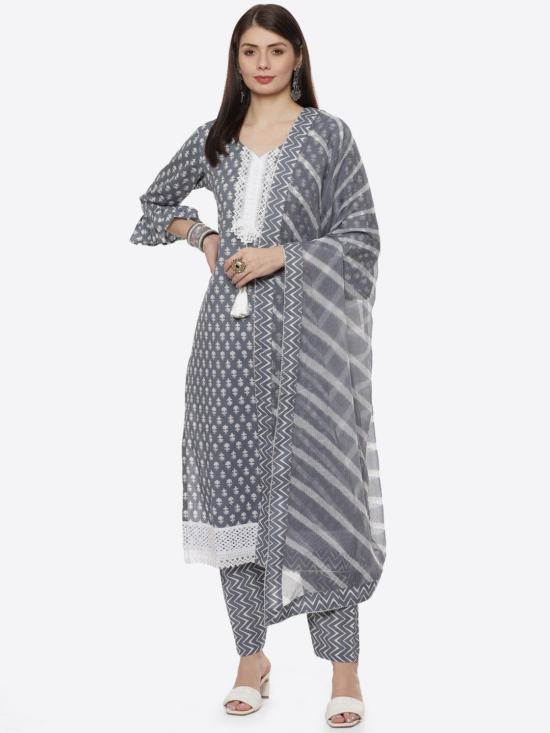 Biba Grey & White Printed Unstitched Dress Material Price in India