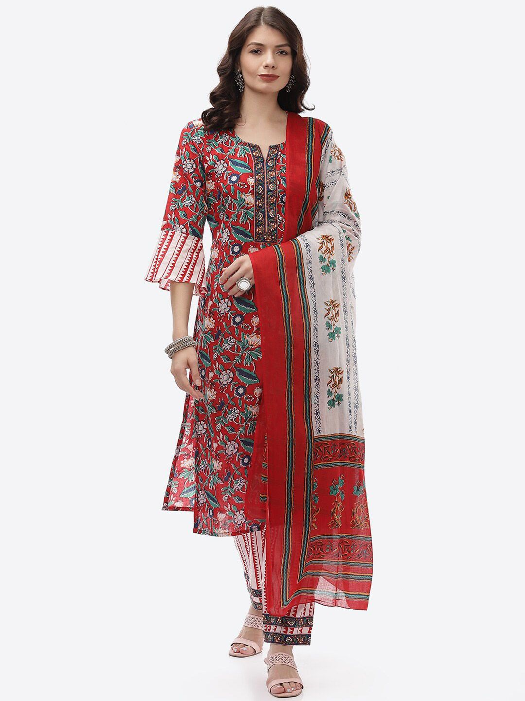 Biba Red & White Printed Unstitched Dress Material Price in India