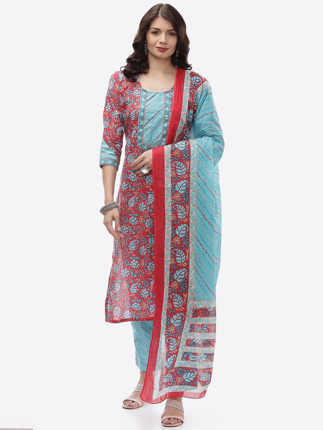 Biba Pink & Blue Unstitched Dress Material Price in India