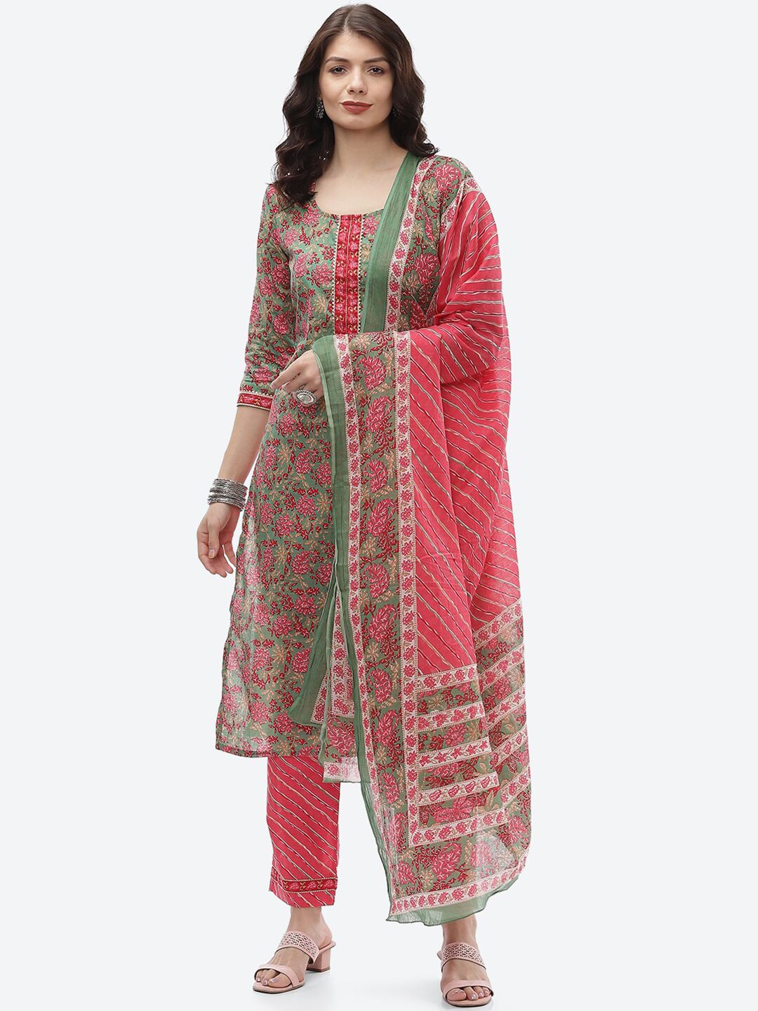 Biba Green & Pink Unstitched Dress Material Price in India