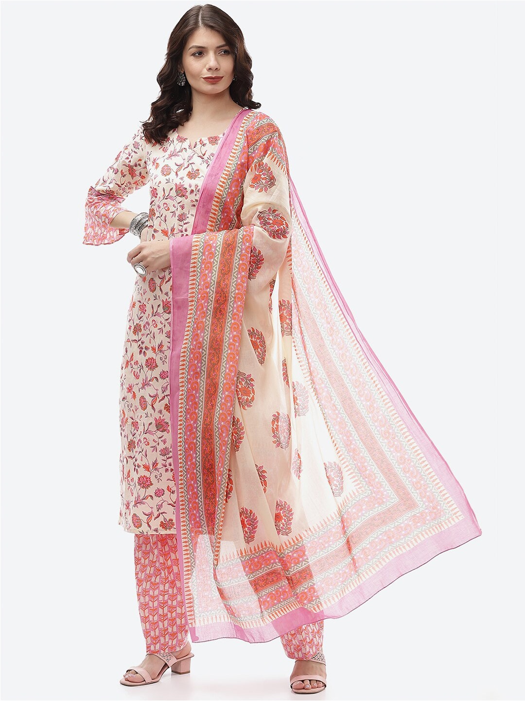 Biba Pink & Cream-Coloured Unstitched Dress Material Price in India