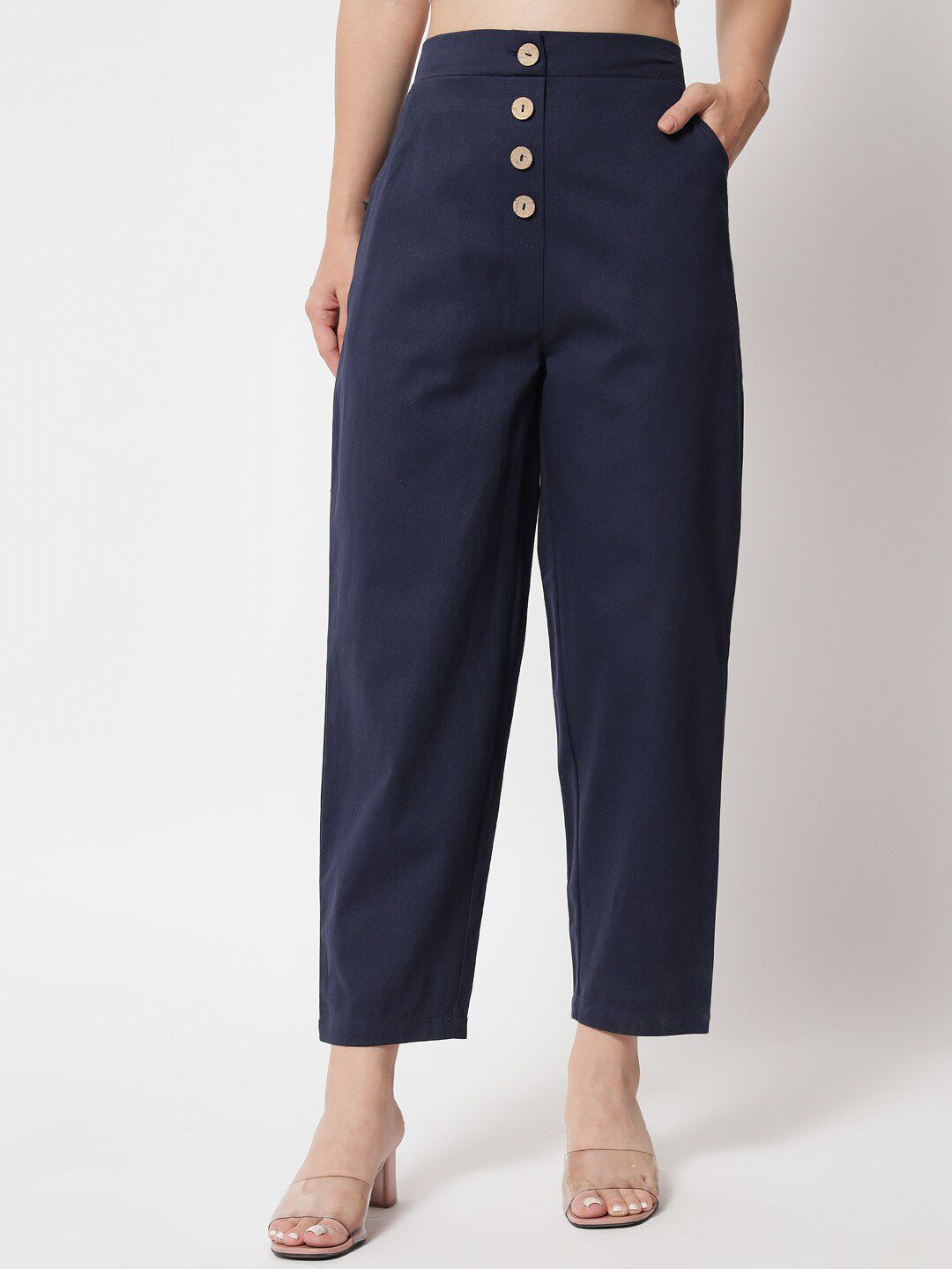 Orchid Blues Women Navy Blue High-Rise Twill Pure Cotton Trousers Price in India