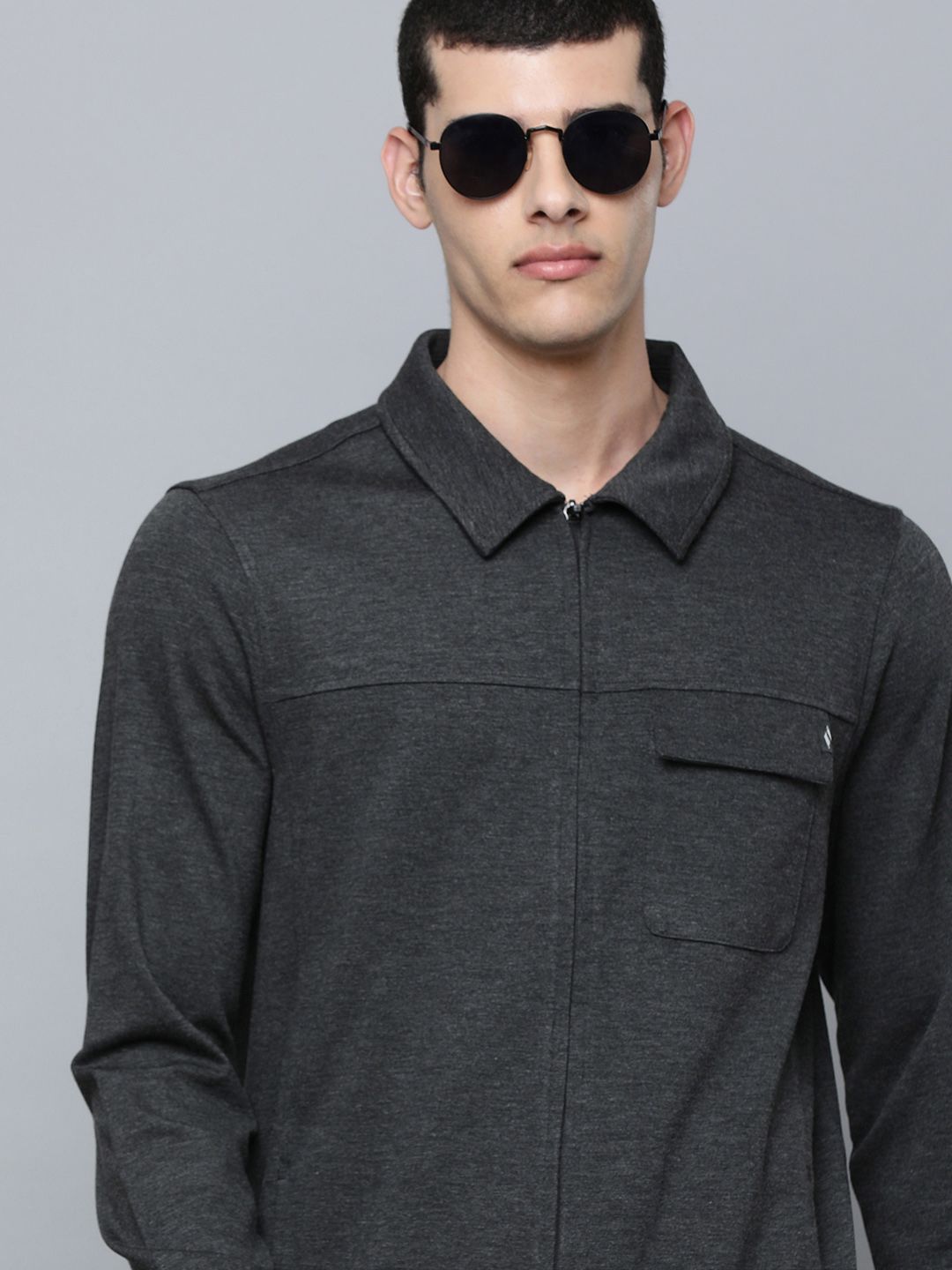 Skechers Men Charcoal Grey Melange Solid Goknit Ultra Shacket Sweatshirt -  Price History