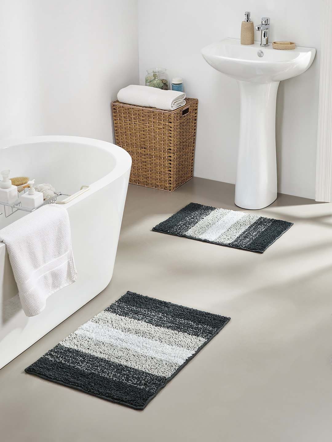 Pano Set Of 2 Grey Striped 1634 GSM Bath Rug Price in India