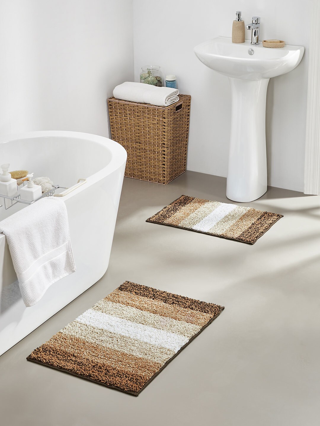 Pano Set of 2 Brown Striped 1634 GSM Anti-Skid Bath Rug Price in India