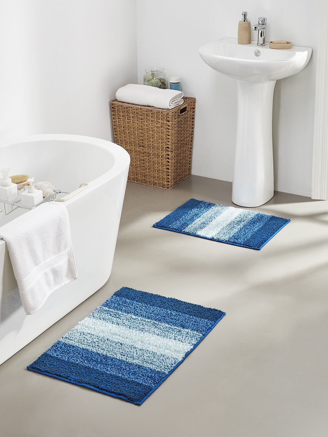 Pano Set Of 2 Blue Striped 1634 GSM Bath Rugs Price in India