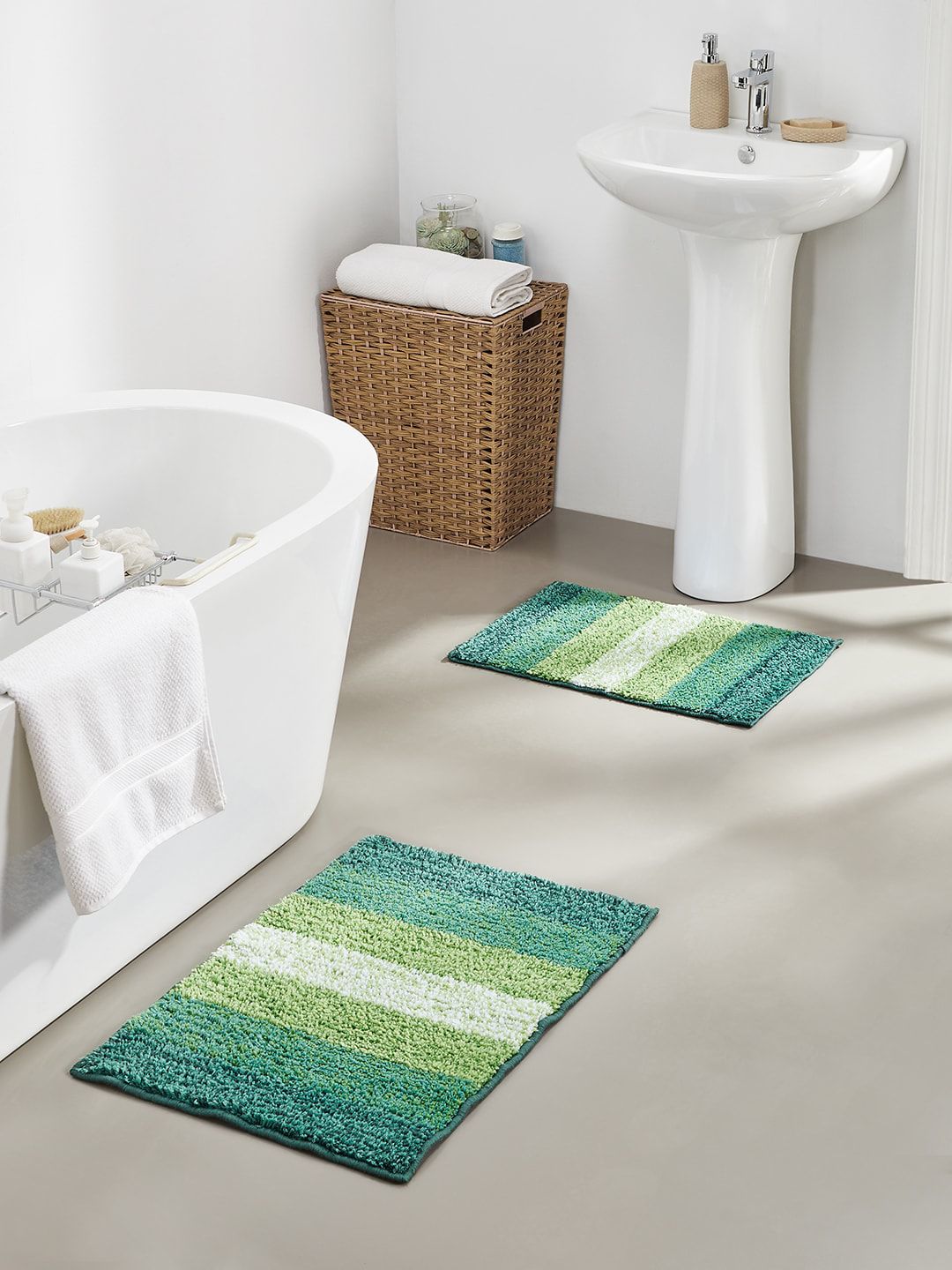 Pano Set of 2 Green & White Striped 1634 GSM Bath Rugs Price in India