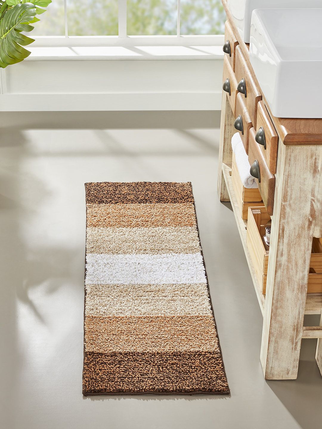 Pano Brown Striped 1634 GSM Bath Rugs Price in India