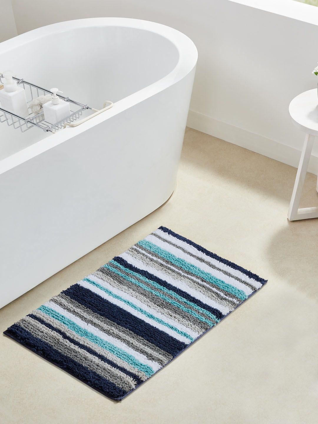 Pano Navy-Blue & White Striped 1634 GSM Bath Mat Price in India