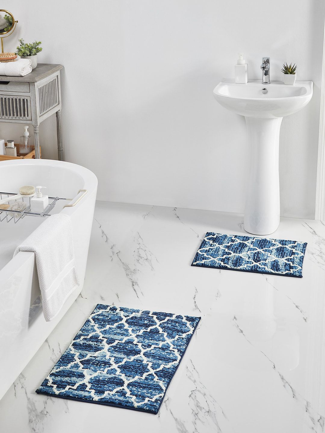 Pano Set Of 2 Blue Printed 1902 GSM Bath Rugs Price in India