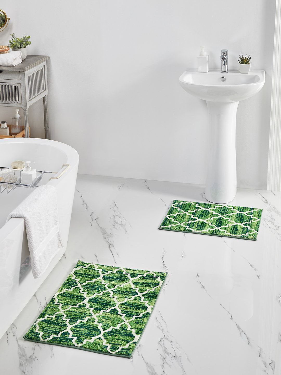 Pano Green & White Patterned 1902 GSM Bath Rugs Price in India