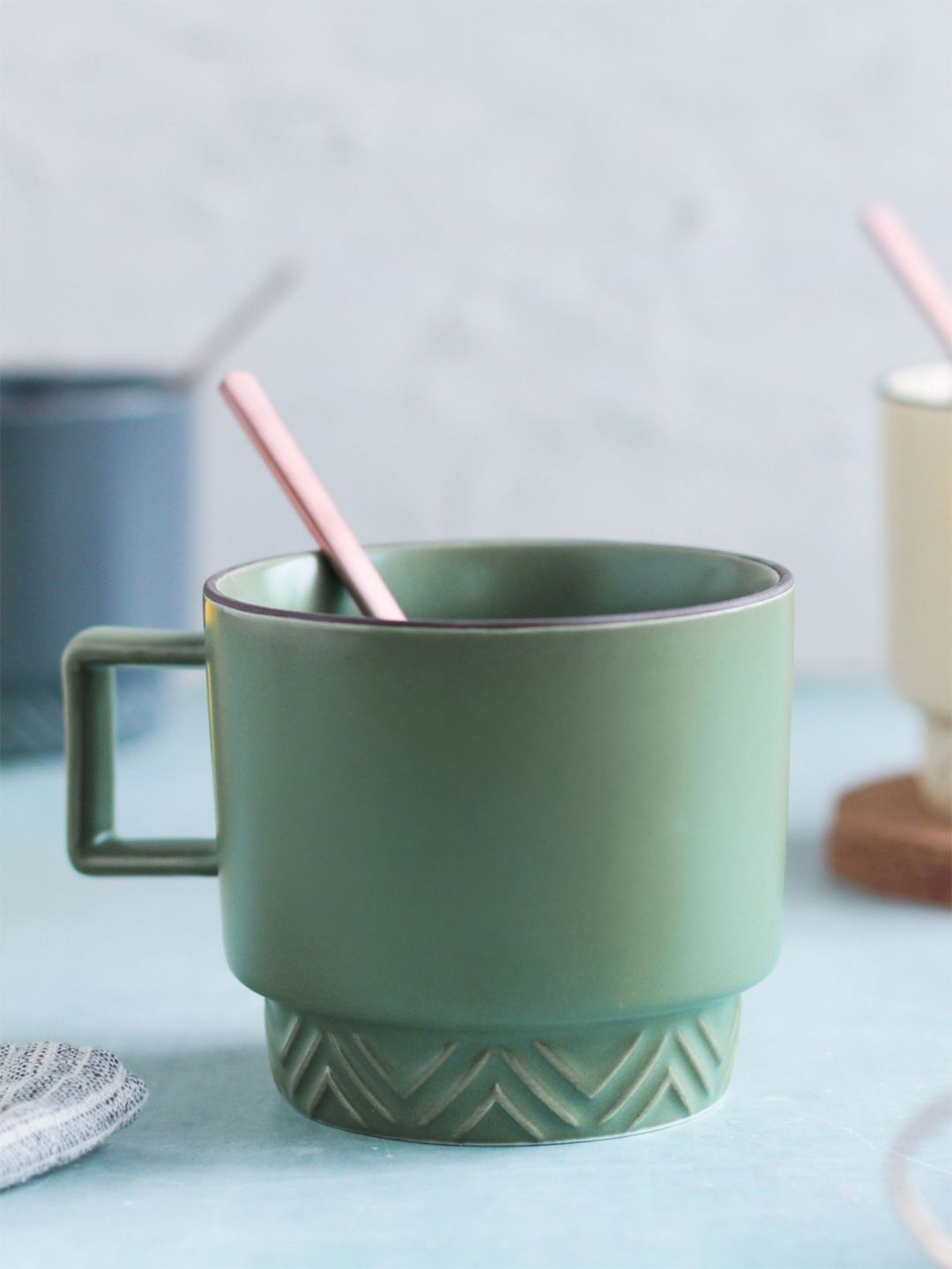 Nestasia Green Solid Ceramic Matte Mug with Spoon Price in India
