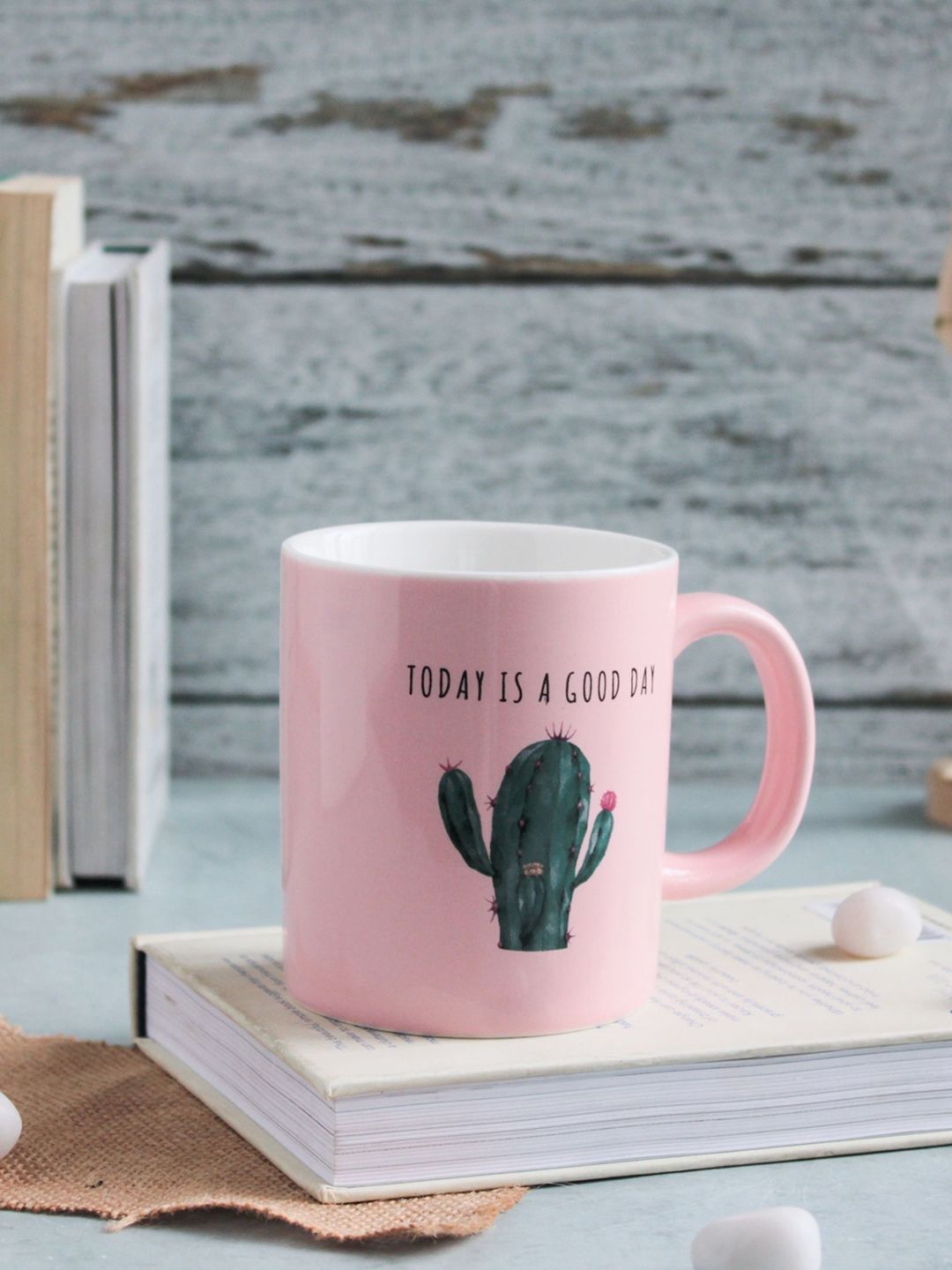 Nestasia Pink and White Ceramic Cactus Printed Mug Price in India