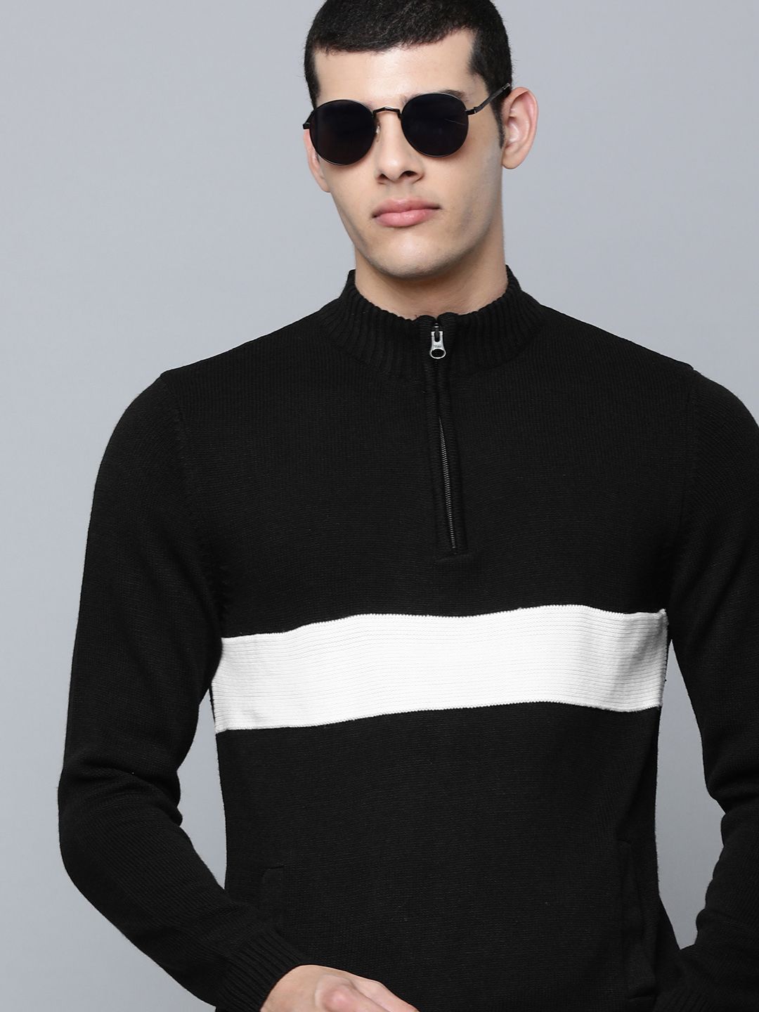 Flying Machine Men Black Acrylic Striped Pullover