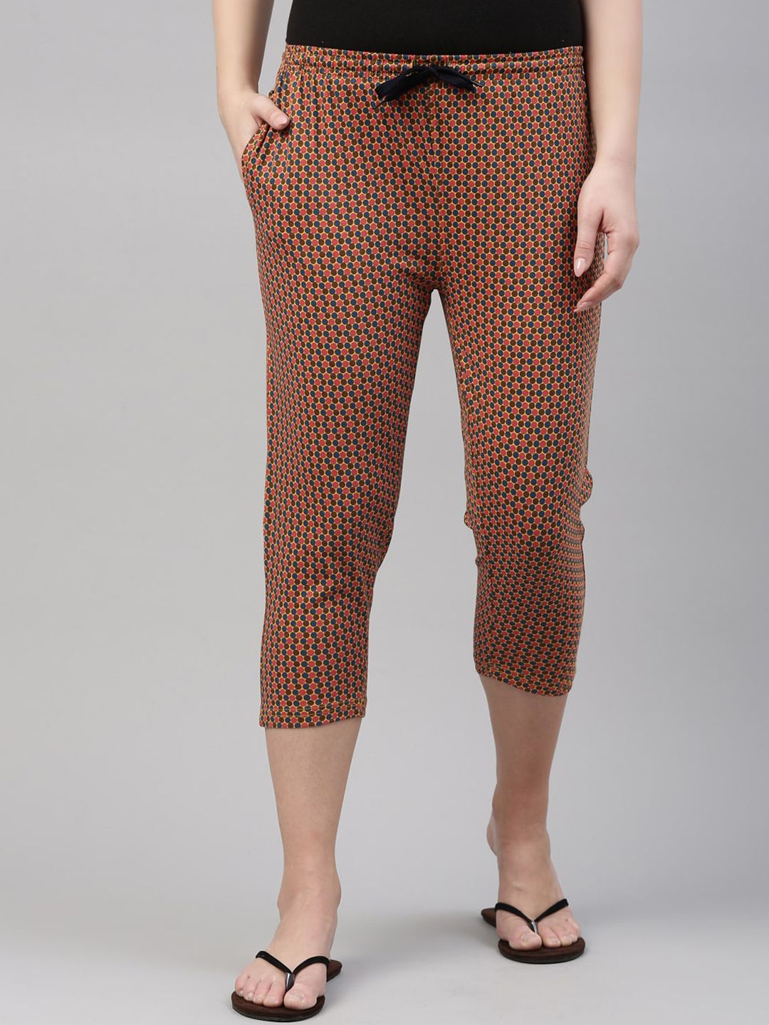 Kryptic Women Mustard & Blue Printed Cotton Lounge Capris Price in India