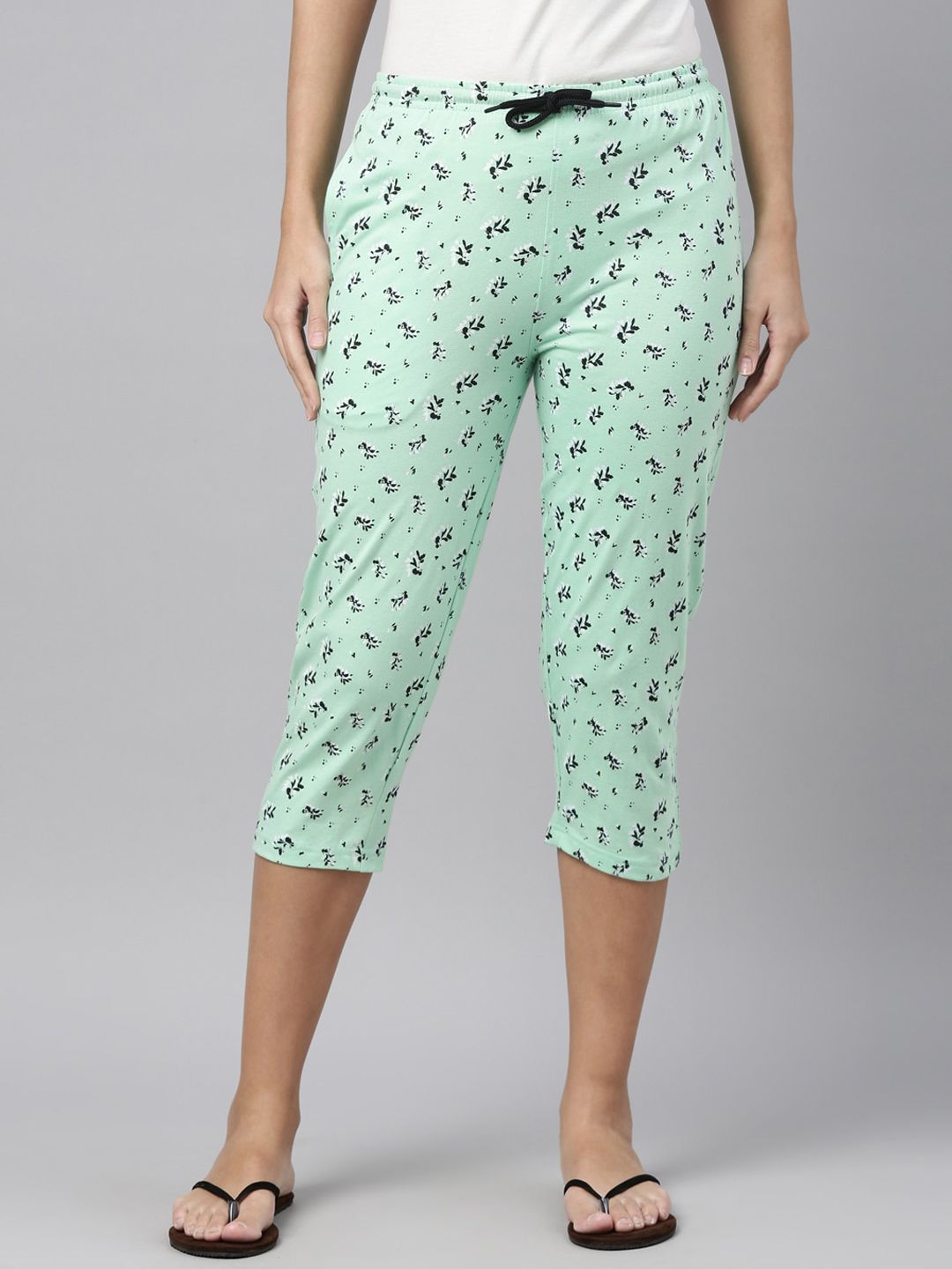 Kryptic Women Green Printed Cotton Capris Lounge Pant Price in India