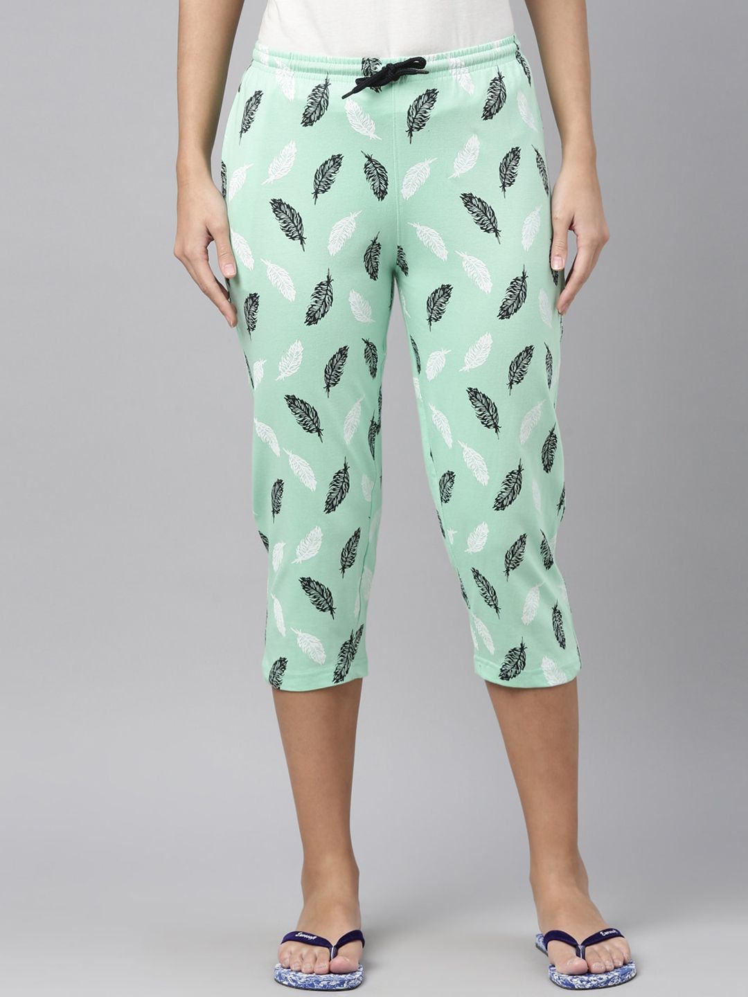 Kryptic Women Green Printed Cotton Capris Lounge Pant Price in India