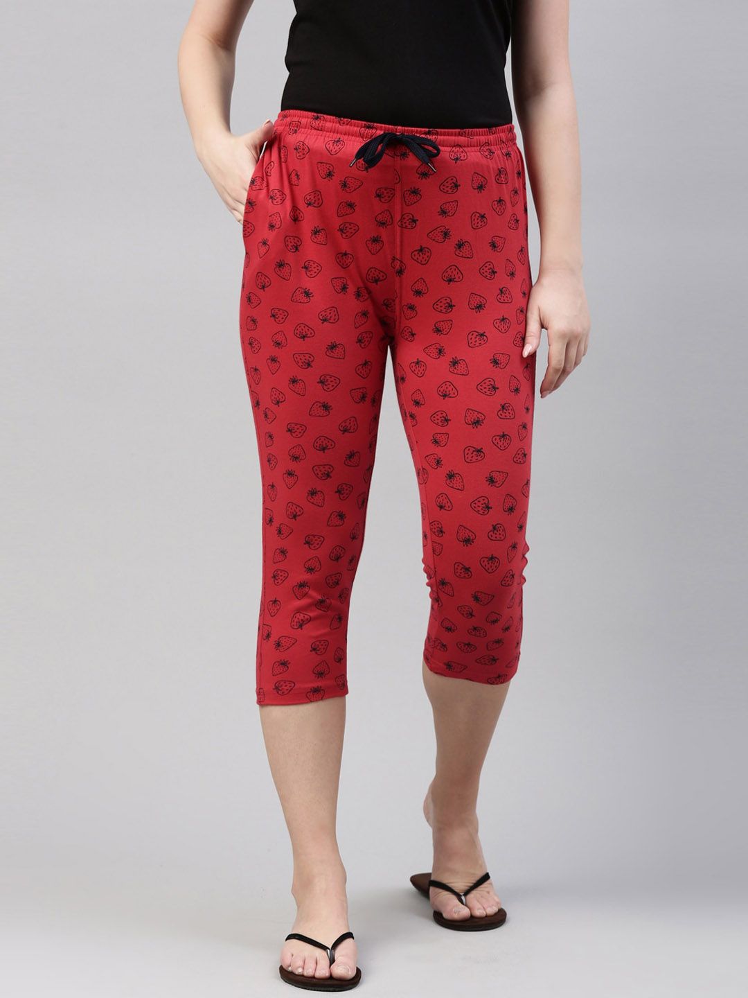 Kryptic Women Red Printed Cotton Lounge Capris Price in India