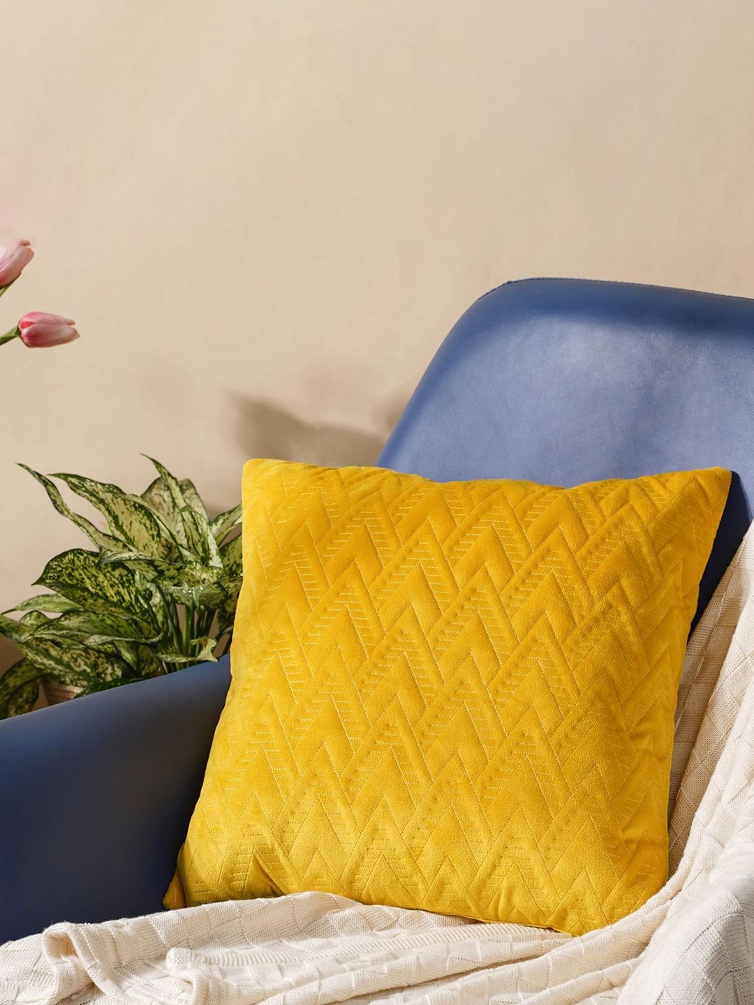 Nestasia Yellow Geometric Quilted Velvet Square Cushion Cover Price in India