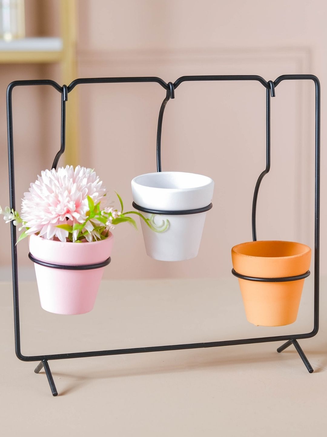 Nestasia Set of 3 Solid White & Pink Metal Planters With Stand Price in India