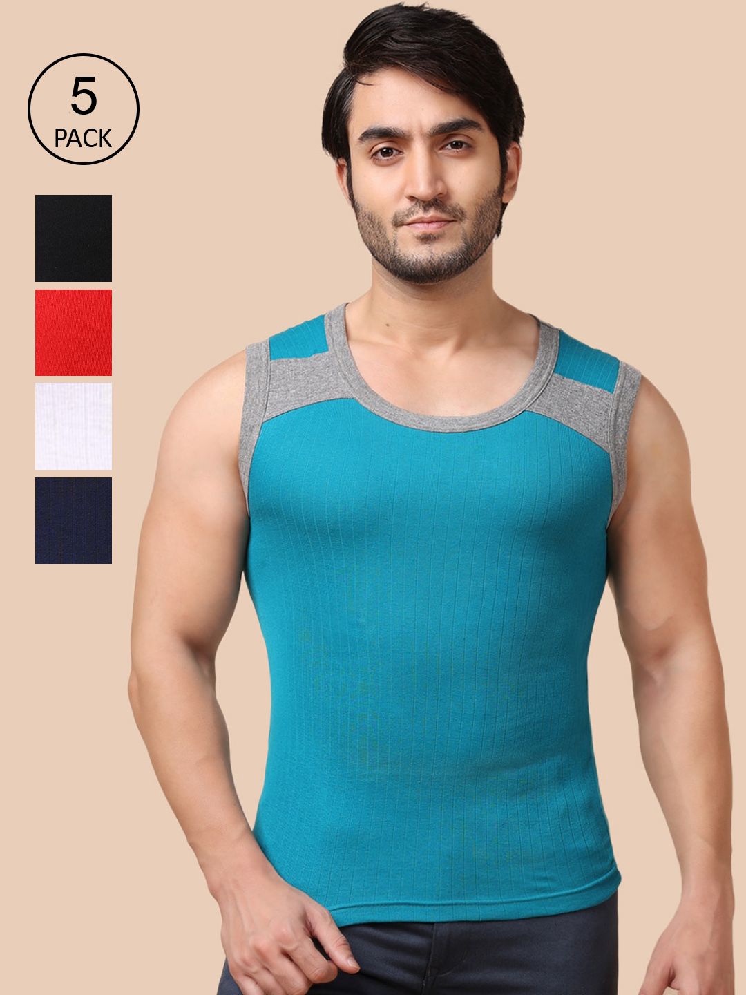 Dollar Bigboss Men Solid Pack of 5 Cotton Racerback Styled Gym Vest