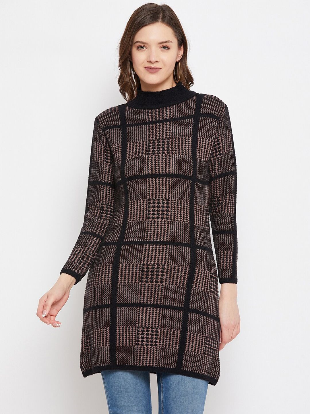 Knitstudio Women Black Checked Longline Pullover Sweaters Price in India
