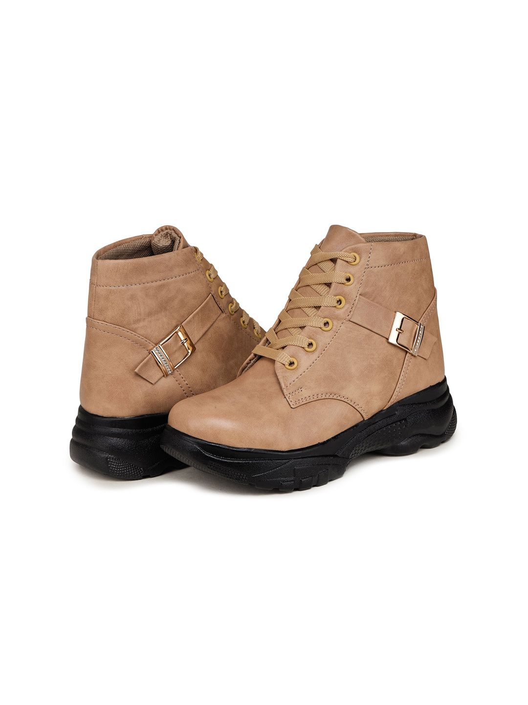 BOOTCO Women Beige & Black Solid Boot Price in India