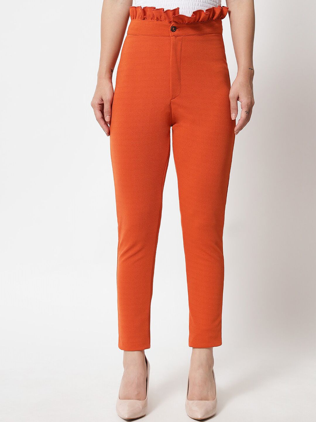 Kotty Women Orange Relaxed Straight Fit High-Rise Easy Wash Trousers Price in India