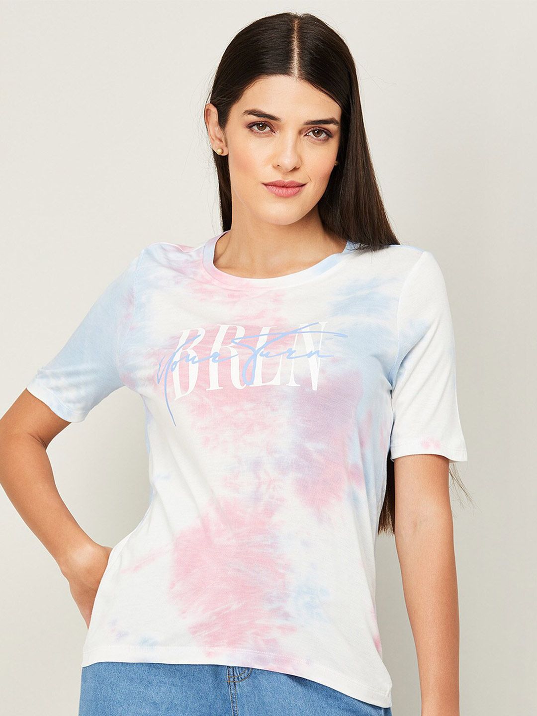 Fame Forever by Lifestyle Women White & Pink Tie and Dye Pure Cotton Top Price in India