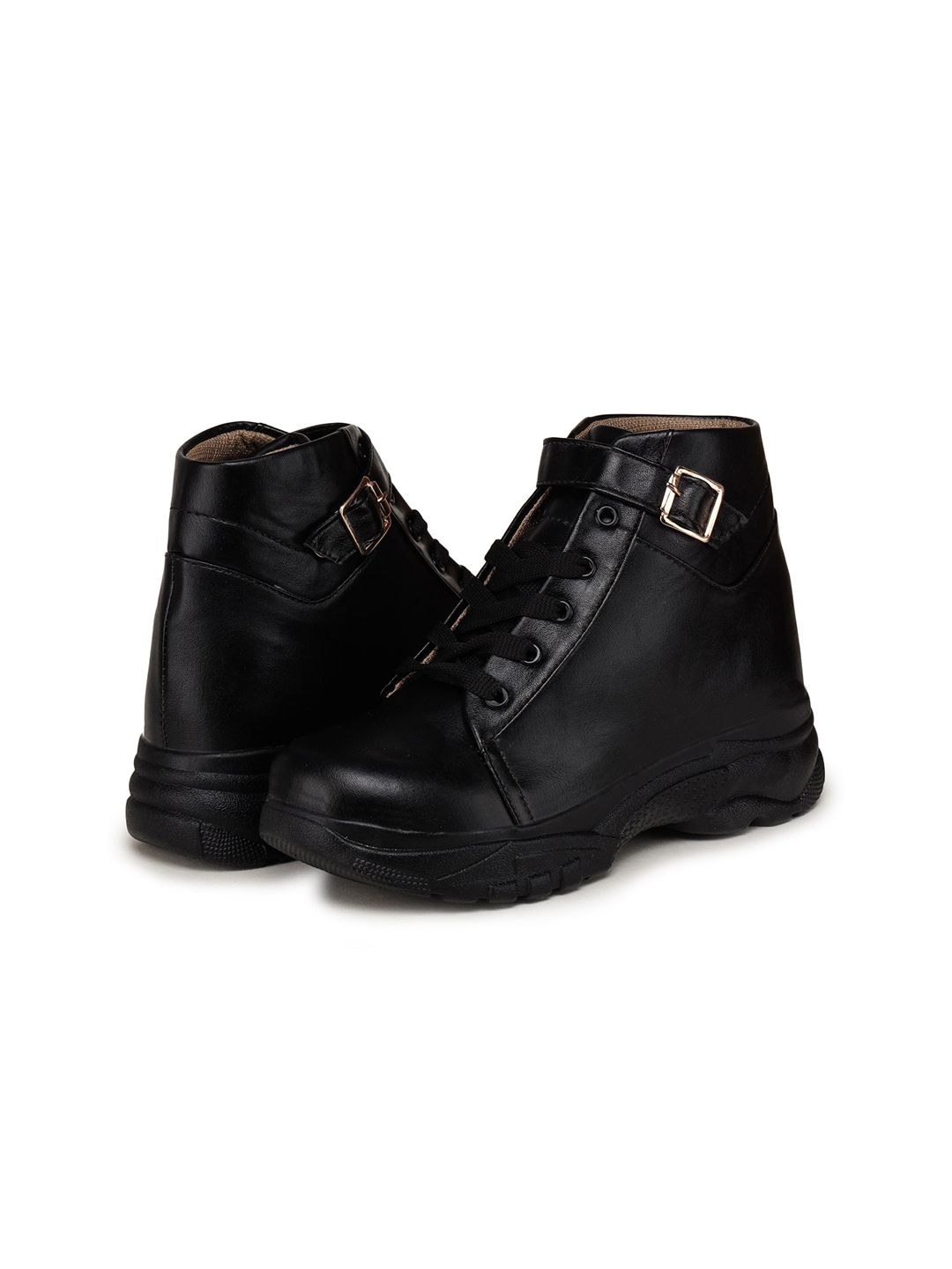 BOOTCO Women Black Solid Mid-Top Flat Boots Price in India