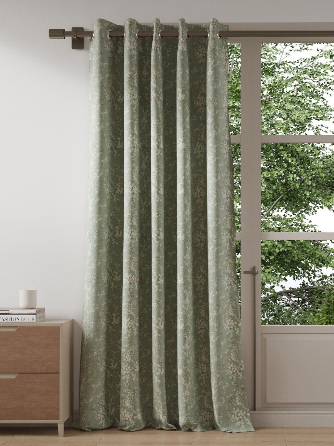 DDecor Green & White Floral Long 1 Piece Door Curtain 9ft Price in India