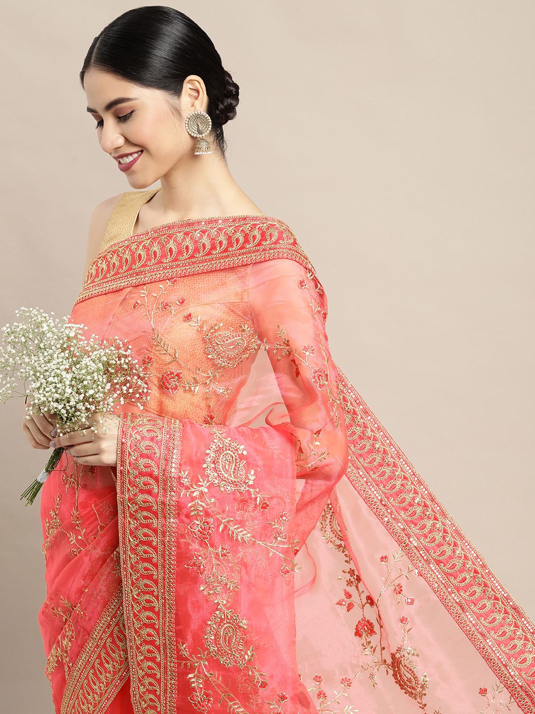 VASTRANAND Pink Floral Embroidered Organza Saree Price in India