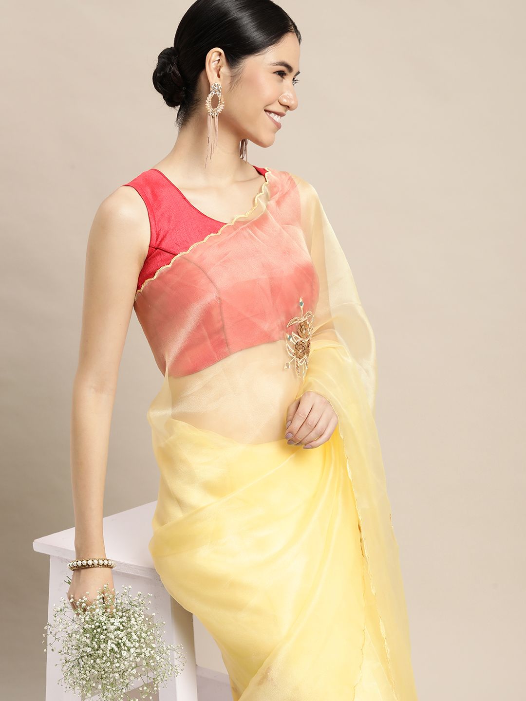 VASTRANAND Yellow Floral Embroidered Organza Saree Price in India