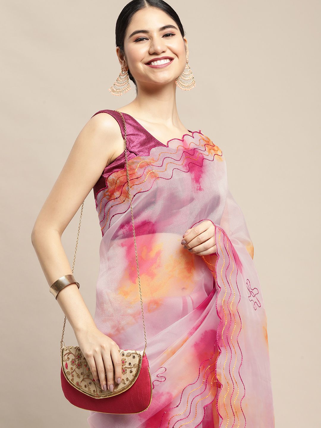 VASTRANAND Pink & Yellow Tie and Dye Embroidered Organza Saree Price in India