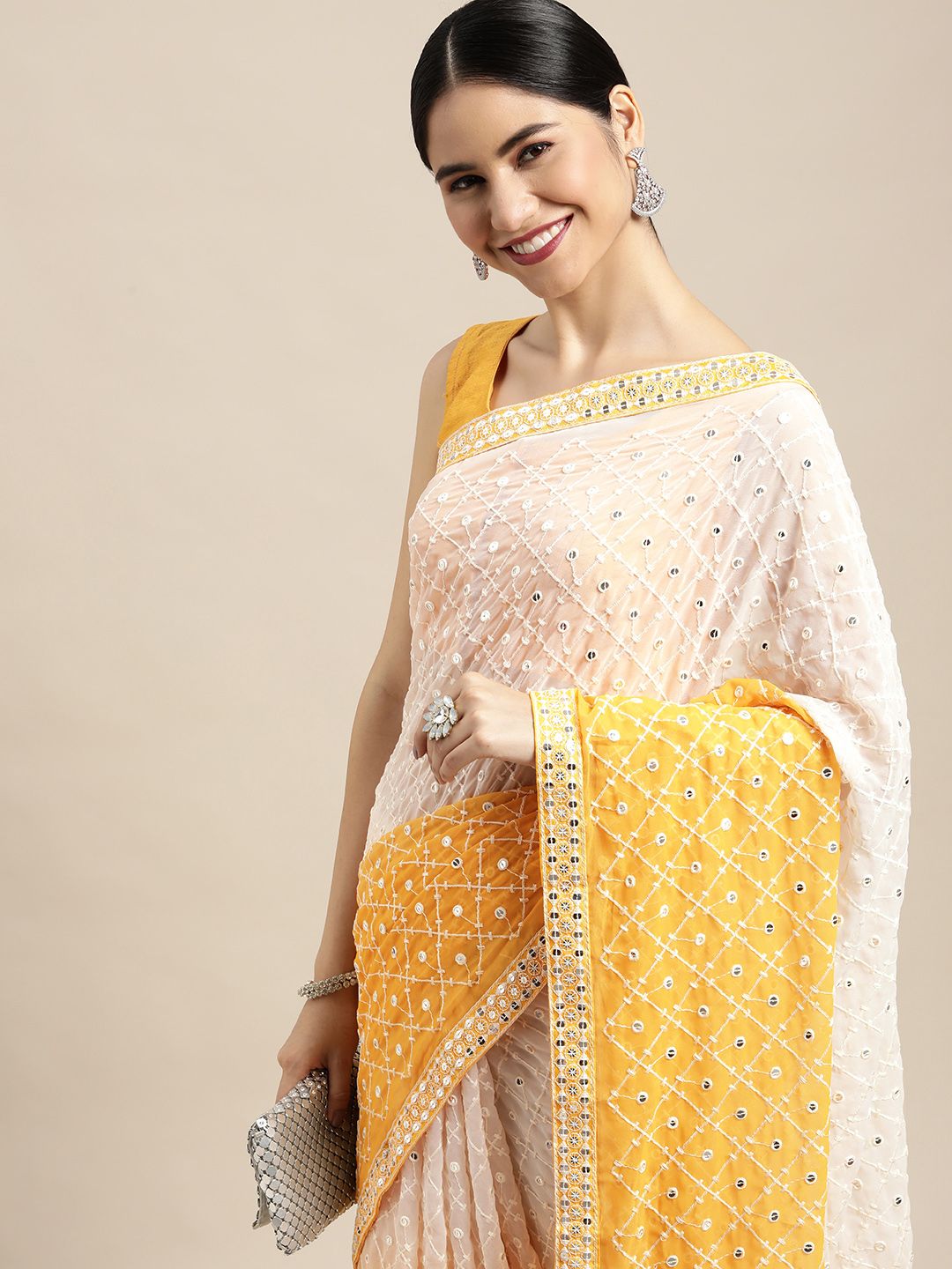 VASTRANAND Yellow & White Embellished Sequinned Saree Price in India